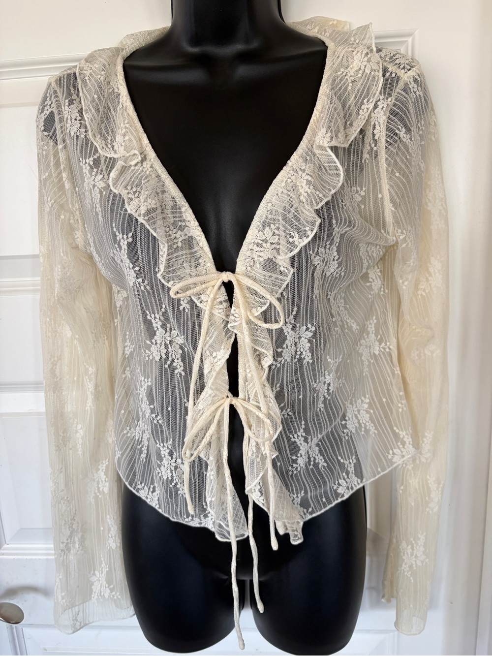 Sheer Lace cream Tie front top to cover camisole, tank or feminine tee shirt.